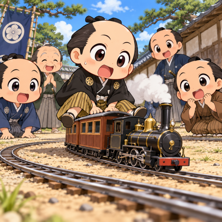 汽車模型の屋根に乗った役人のイラスト