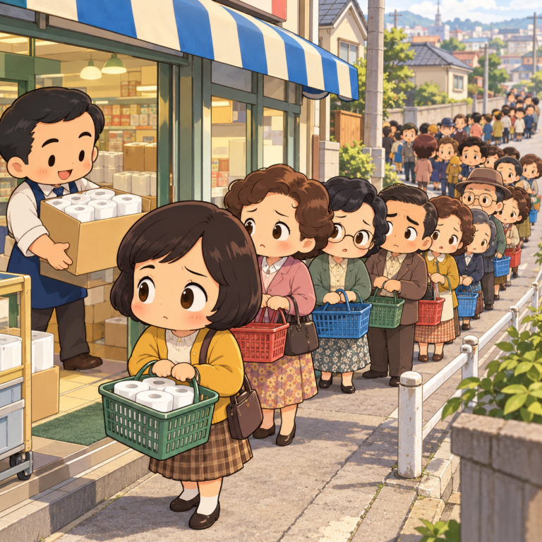 約300人が並んだ紙騒動のイラスト