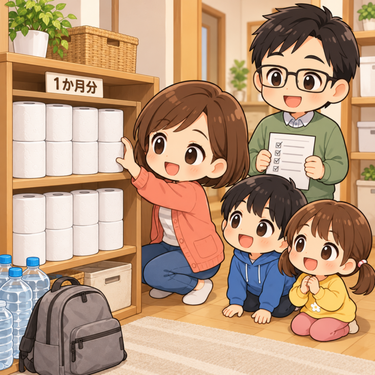 備蓄は4人家族で約16ロールのイラスト