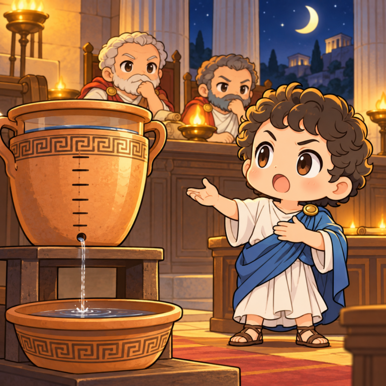 夜や曇りでも使えた水時計のイラスト
