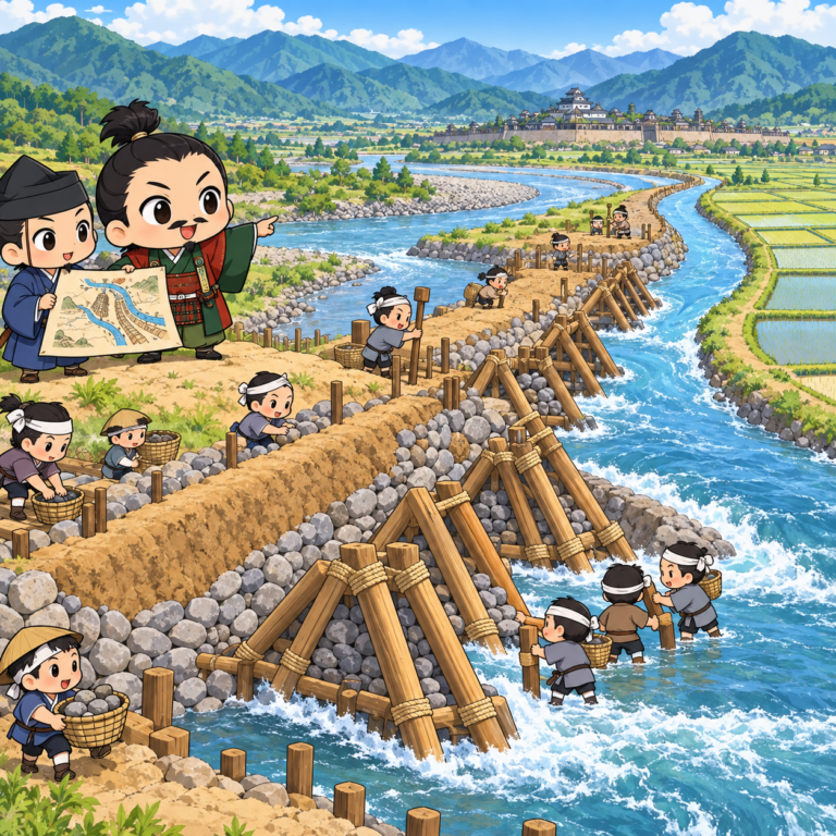 長い年月をかけた信玄堤のイラスト
