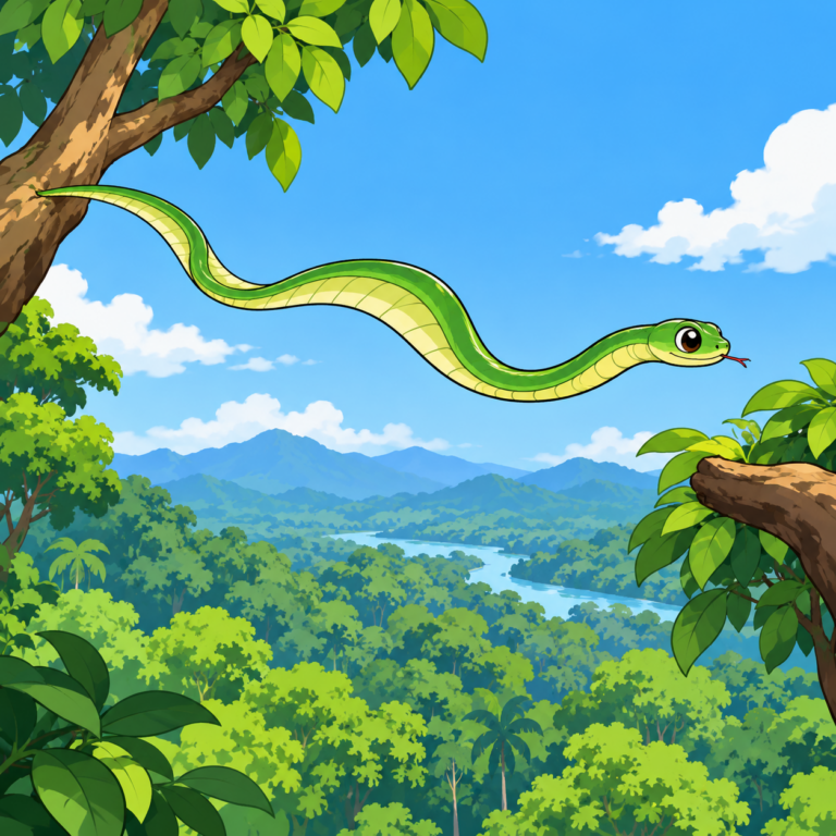 木から木へ滑空するヘビのイラスト