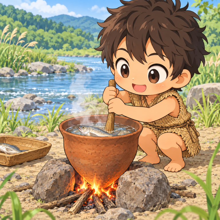 縄文土器で魚を煮ていたのイラスト