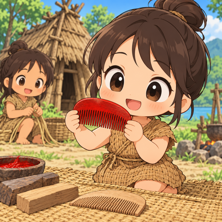 6000年前の赤い漆塗りの櫛のイラスト