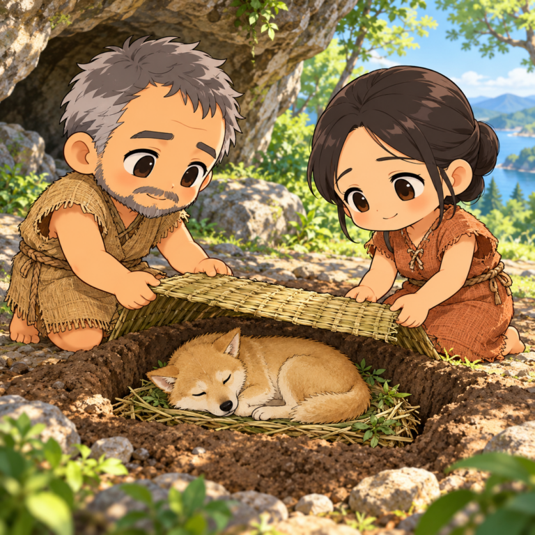 愛犬を手厚く葬った縄文人のイラスト