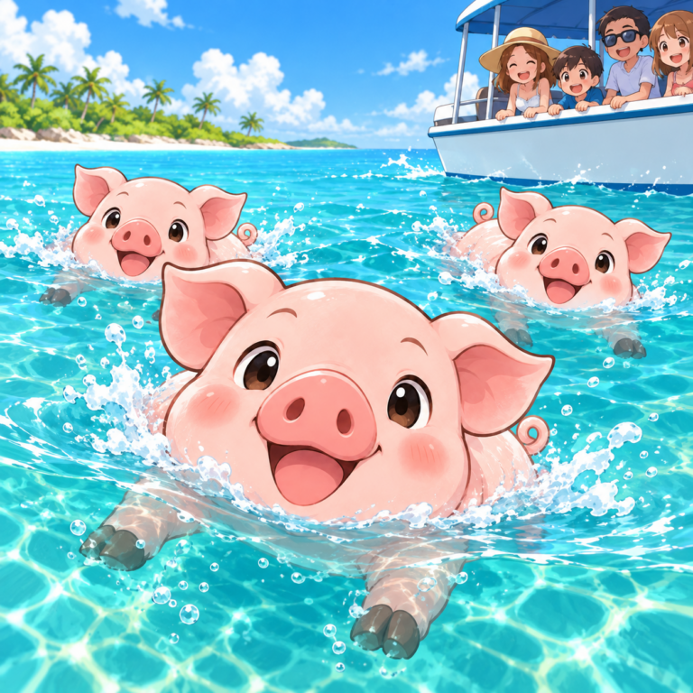 船まで泳いでくる豚たち