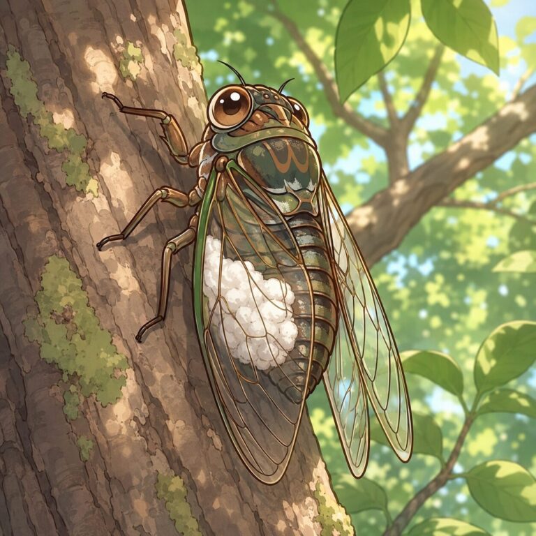 セミに寄生する白い蛾