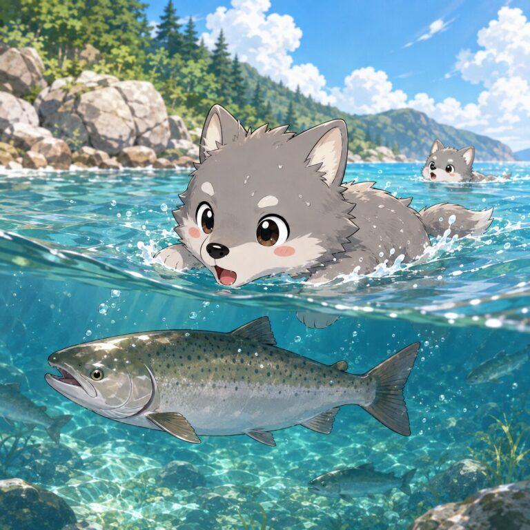 海を泳いでサケを食べる群れ