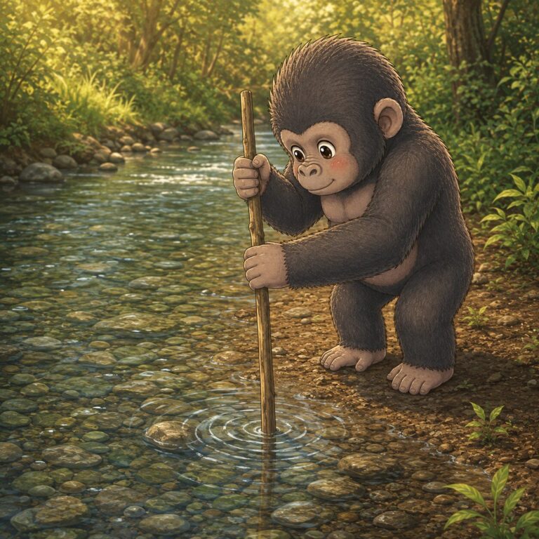 棒で水深を測って川を渡る