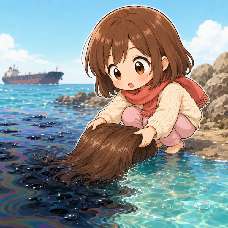 髪が海の重油を吸い取る