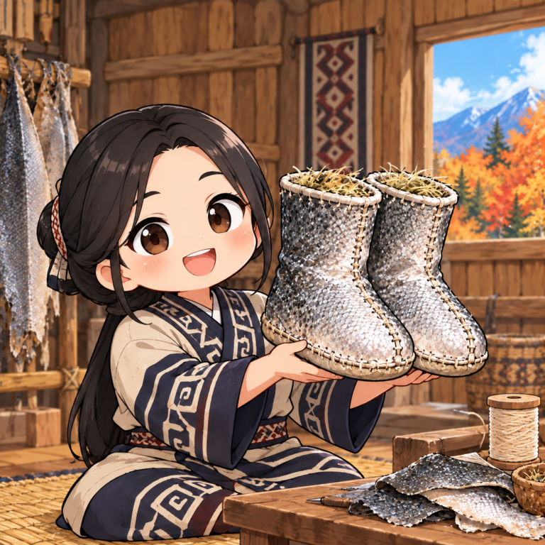 サケの皮で作る冬の靴
