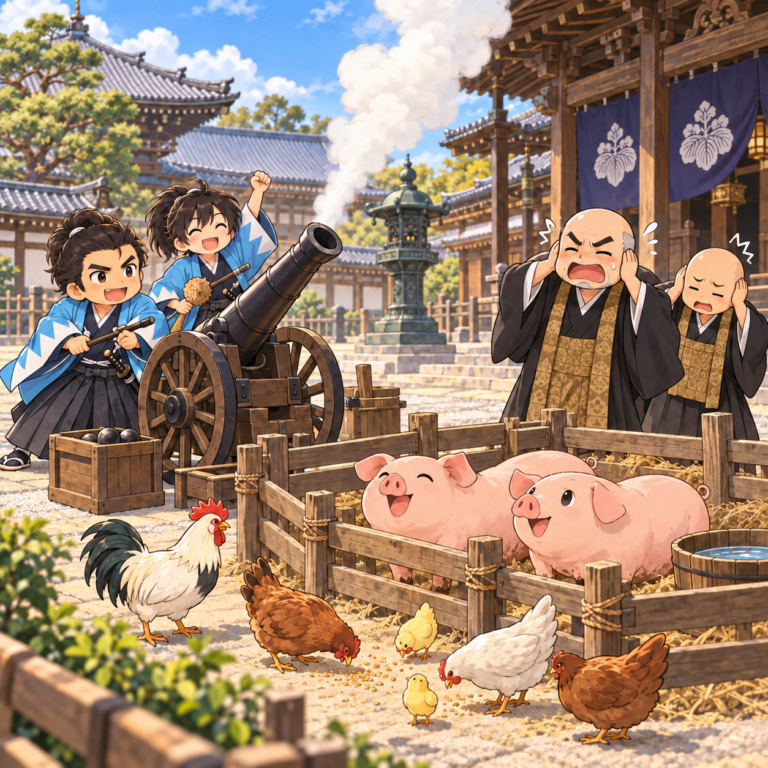 お寺で大砲を撃ち豚を飼う