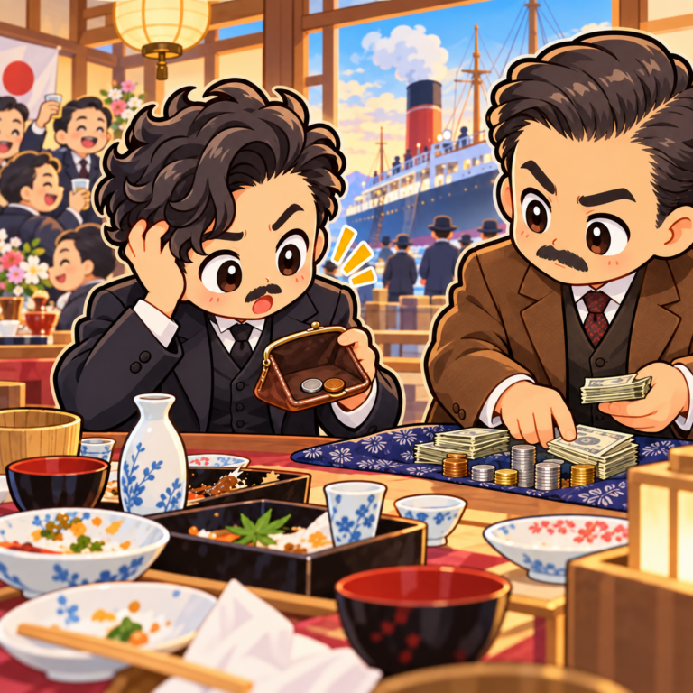 渡米資金を宴会で使い果たすのイラスト
