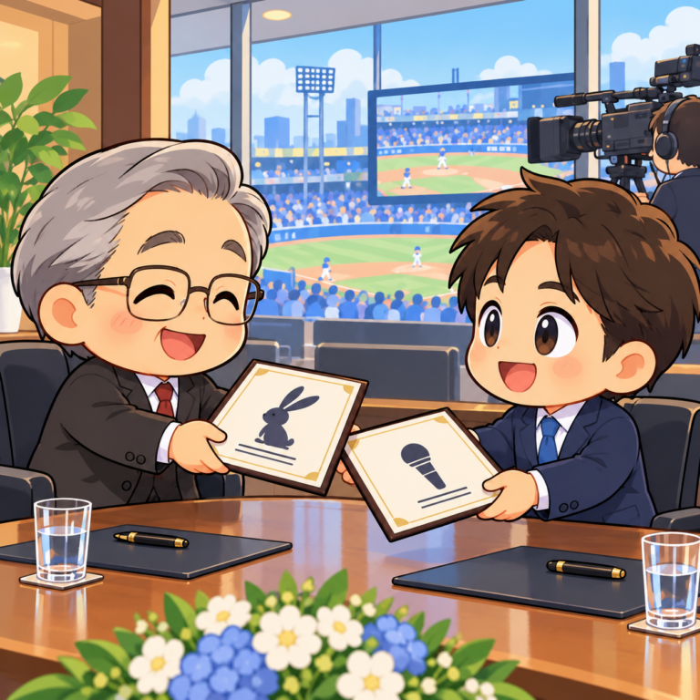 ウサギと実況アナの交換のイラスト