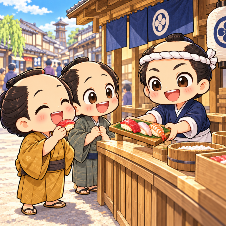 寿司は屋台で立って食べていたのイラスト