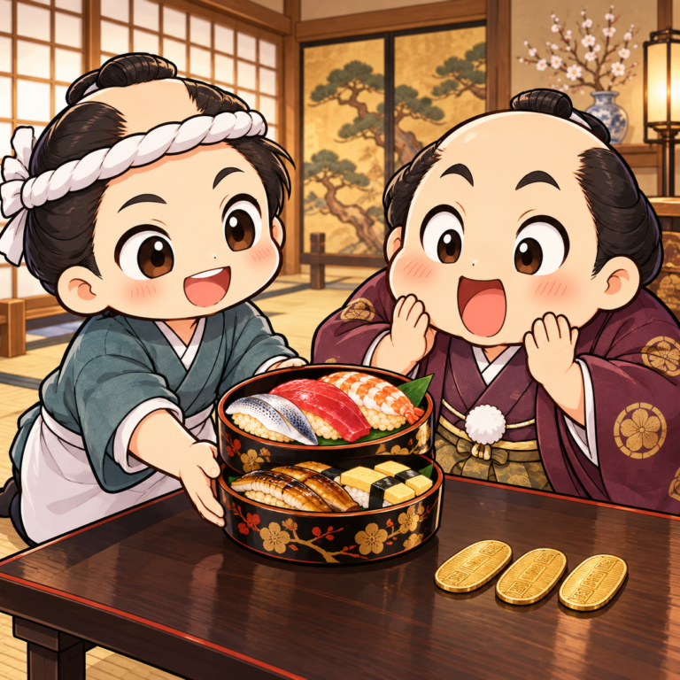器ひとつで小判3両の松がすしのイラスト