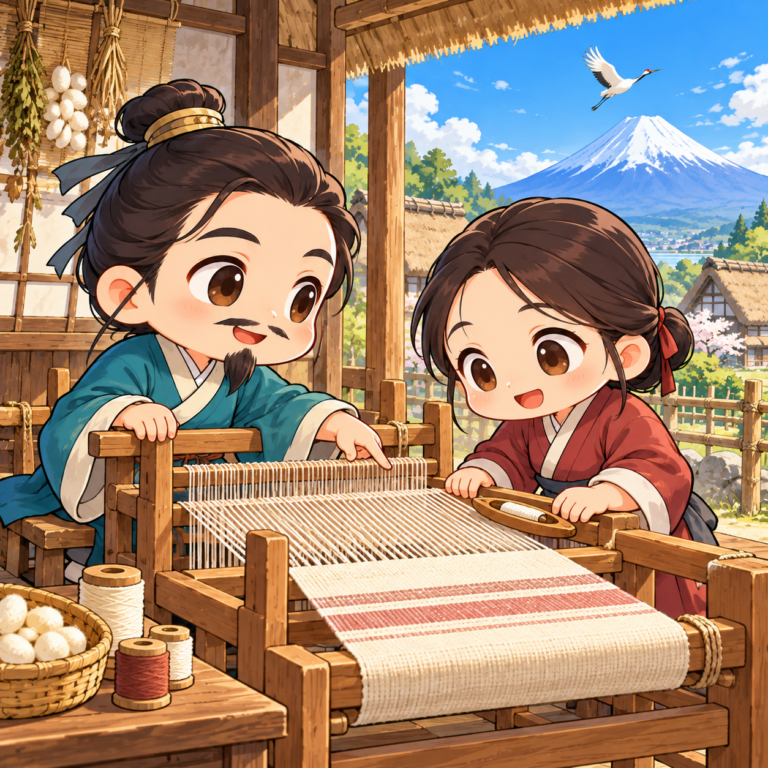 富士吉田で機織りを伝えたのイラスト