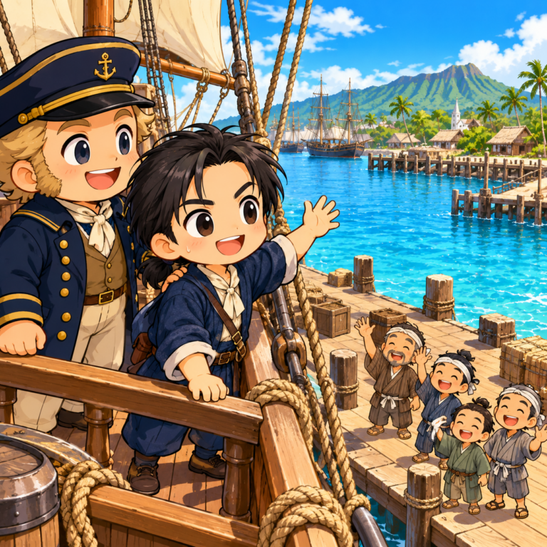 仲間と別れ1人だけアメリカへのイラスト