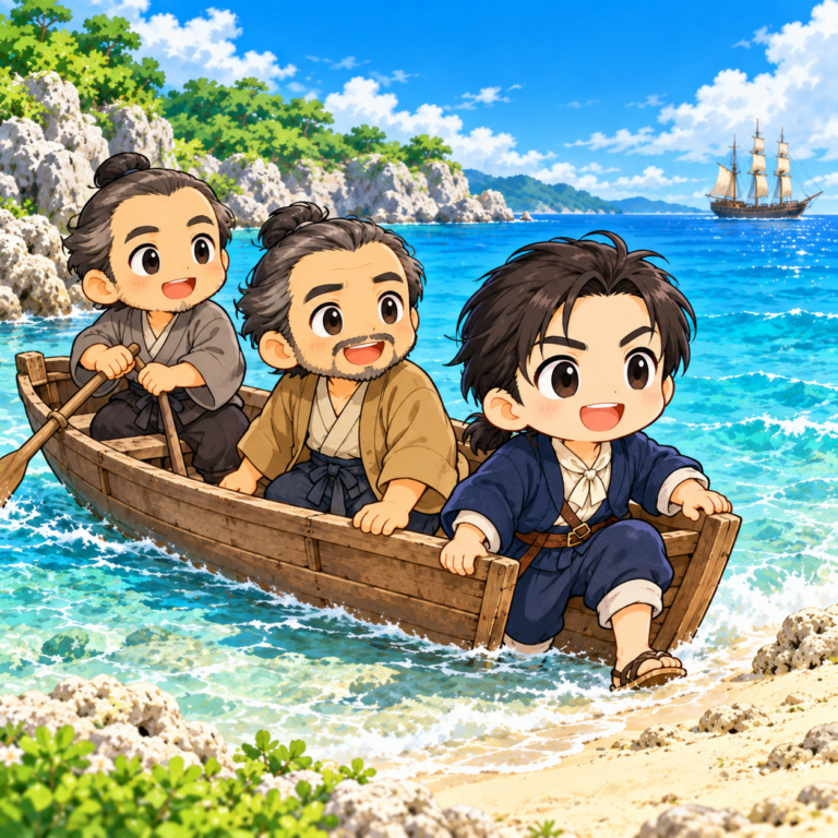 自前の小舟で琉球に上陸のイラスト