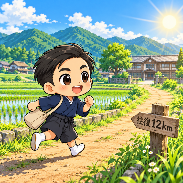 往復12kmのかけあし登校のイラスト