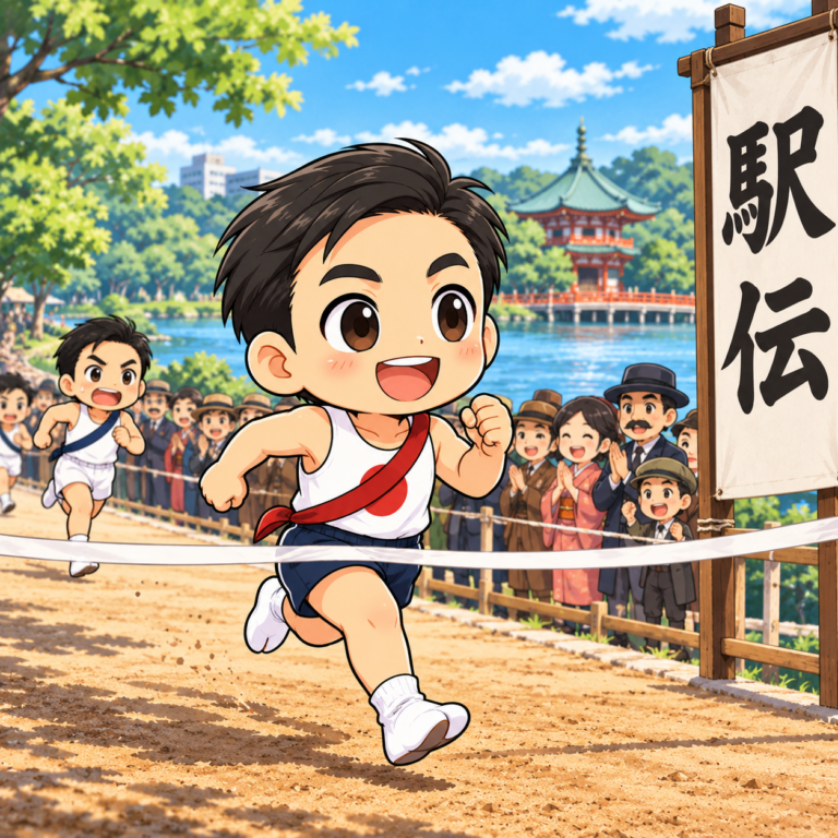 日本初の駅伝でアンカーにのイラスト