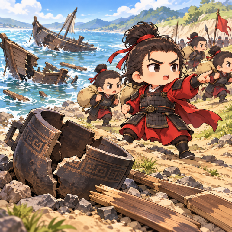 船を沈めて退路を断った戦いのイラスト