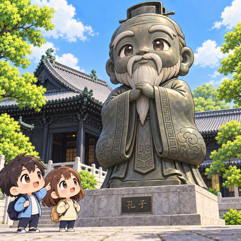 東京に高さ4.57mの孔子像のイラスト