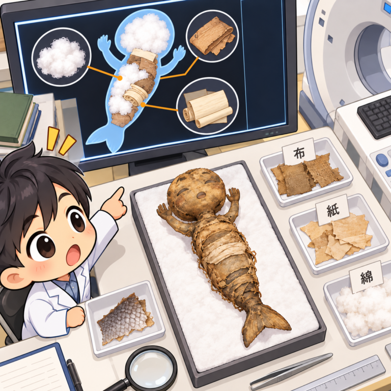 人魚のミイラの中身を調査のイラスト