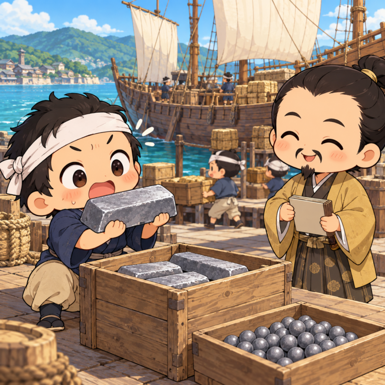 武田の鉄砲と海を渡った鉛のイラスト