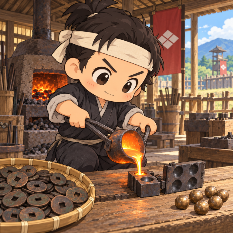 銭を溶かして作った鉄砲玉のイラスト
