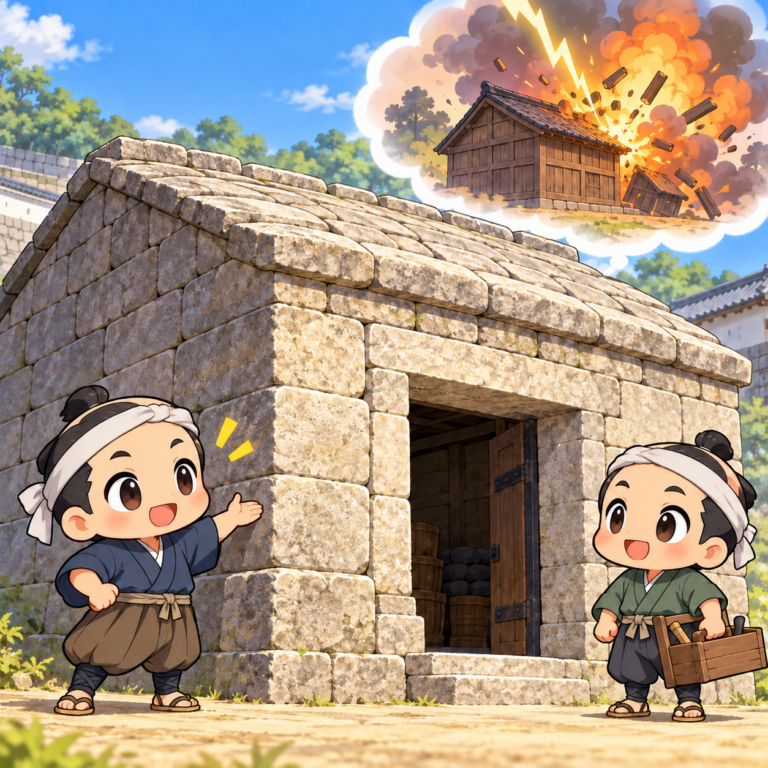 雷で吹き飛んだ火薬庫のイラスト