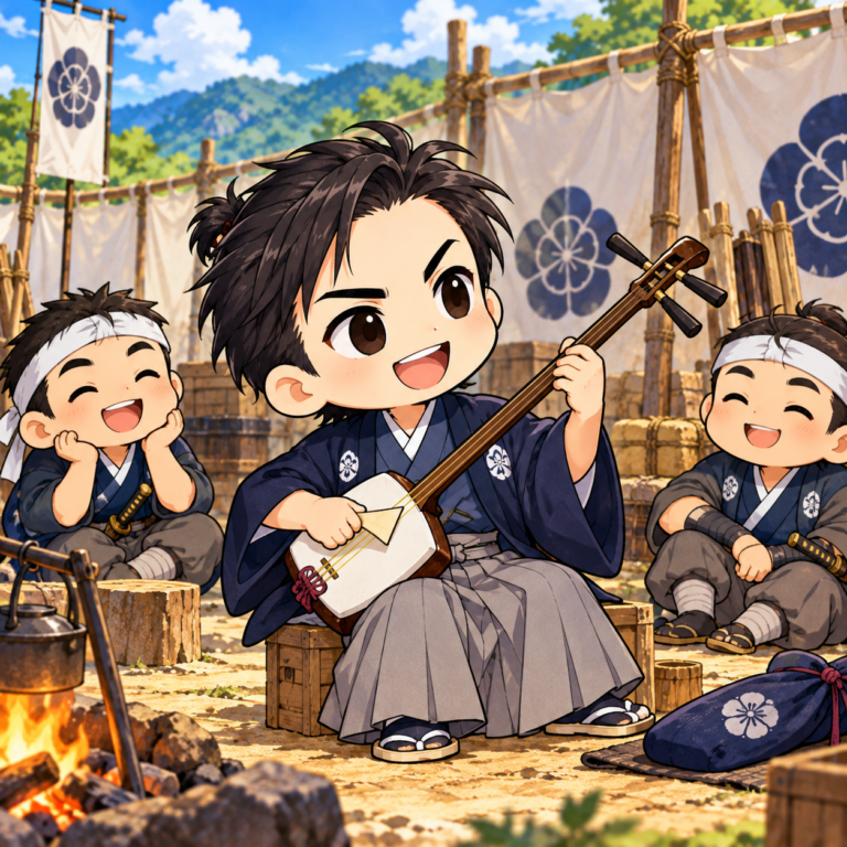 陣中でも三味線を弾くのイラスト
