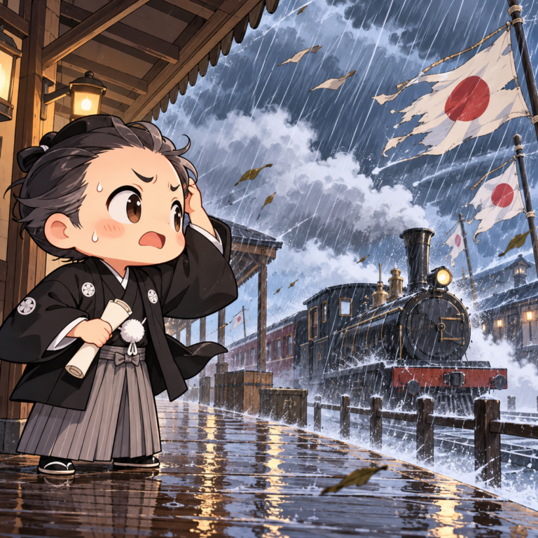 暴風雨で延びた開業式と鉄道の日のイラスト