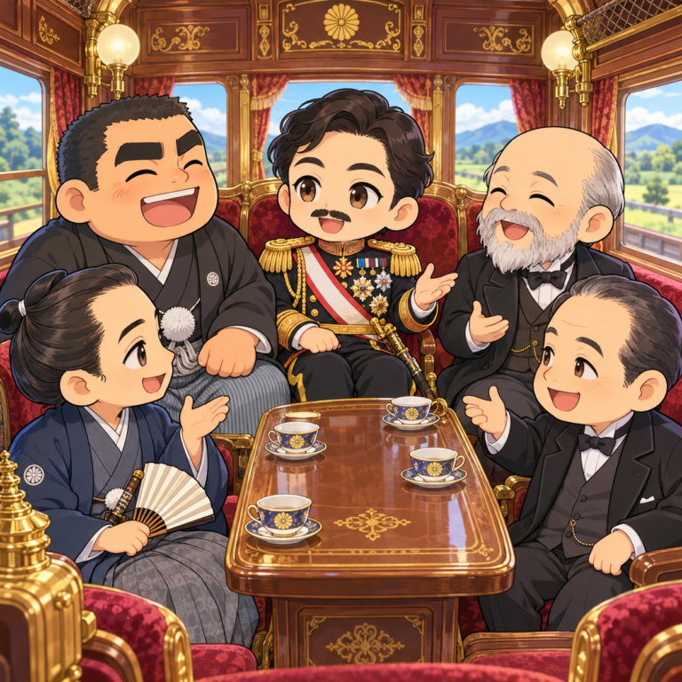 お召し列車は明治のオールスターのイラスト