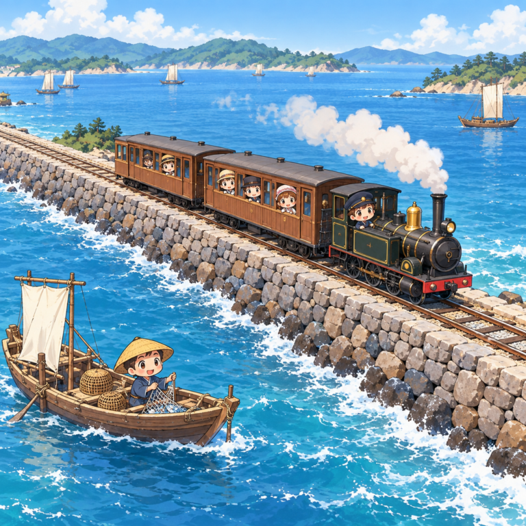 線路は海の上を走っていたのイラスト