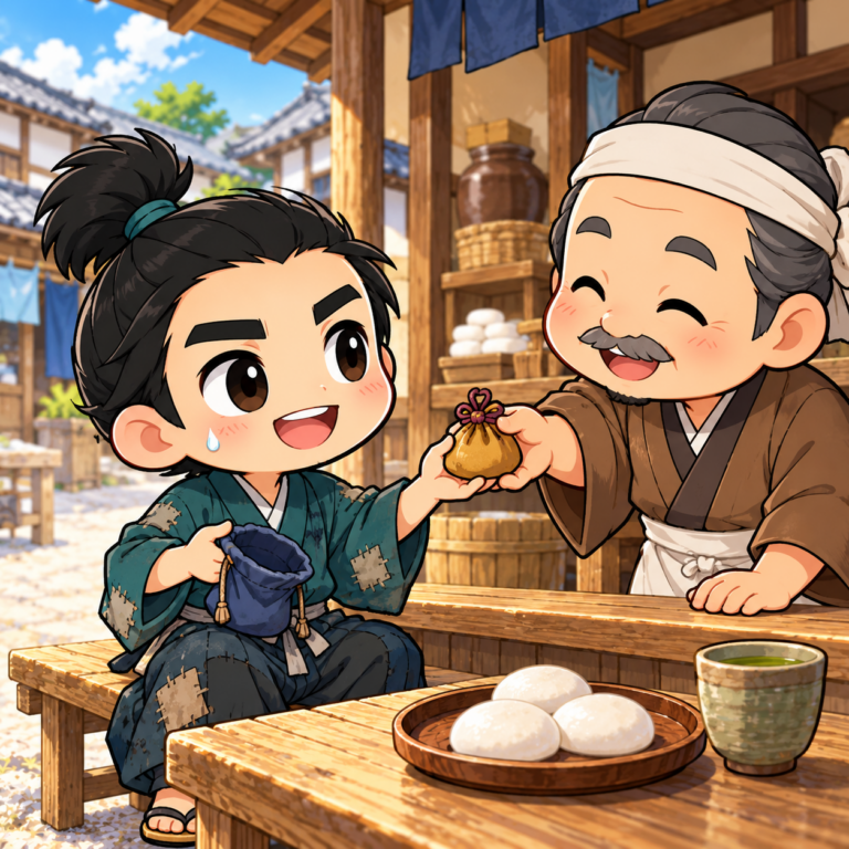 食い逃げした餅と旗印の由来のイラスト