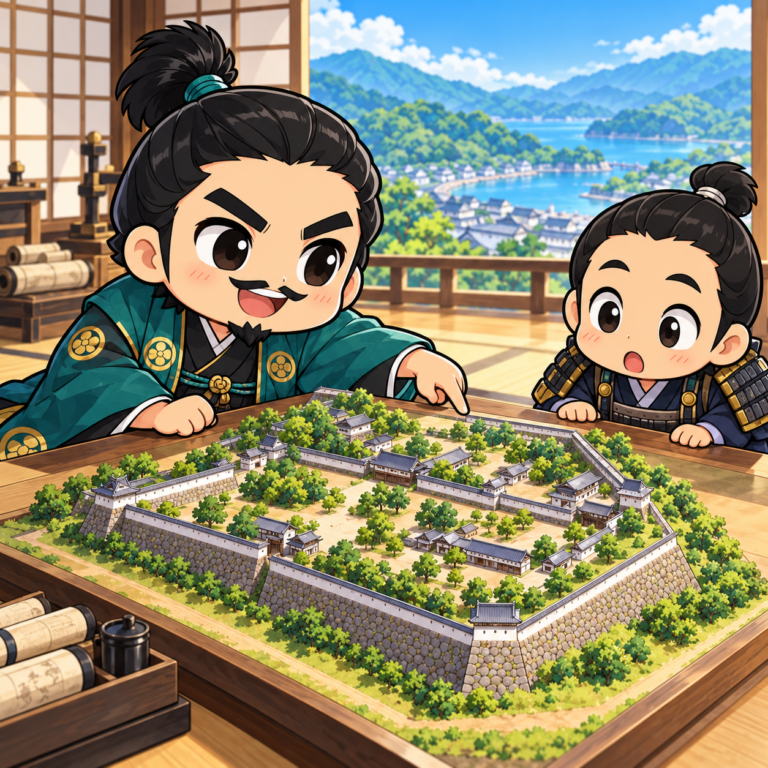 四角に見えて五角形の宇和島城のイラスト